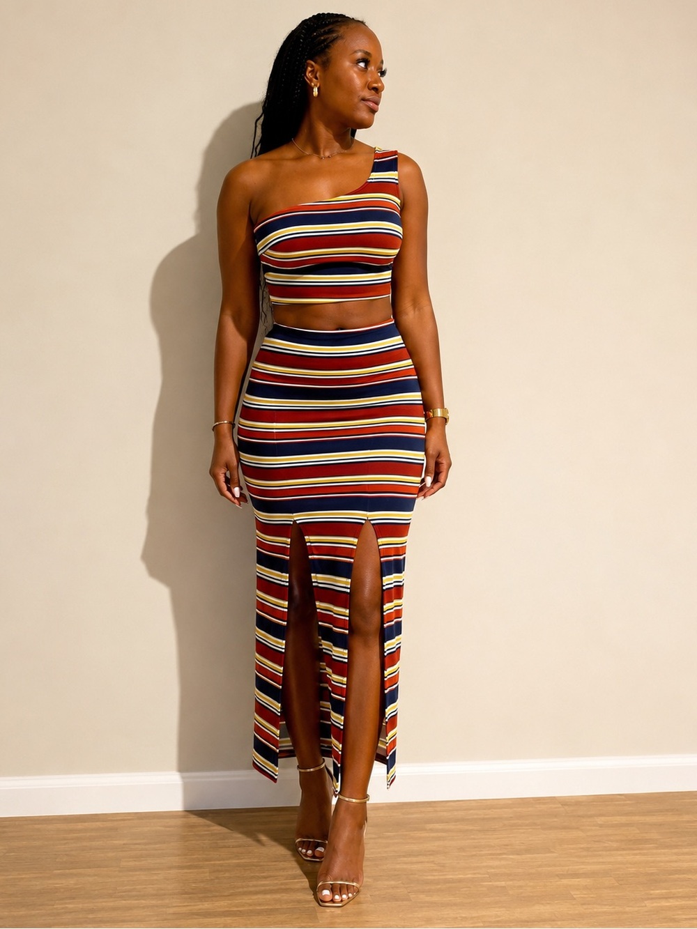 HANDMADE TIFFANYSLABEL ONE SHOULDER STRIPE TOP & DOUBLE SLIT SKIRT SET | MED(4)
